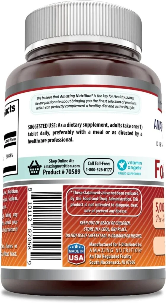 Amazing Formulas Folic Acid 1000 mcg (1 mg) Tablets Supplement | Vitamin B9 | Non-GMO | Gluten Free | Made in USA (5000 mcg, 120 Count)