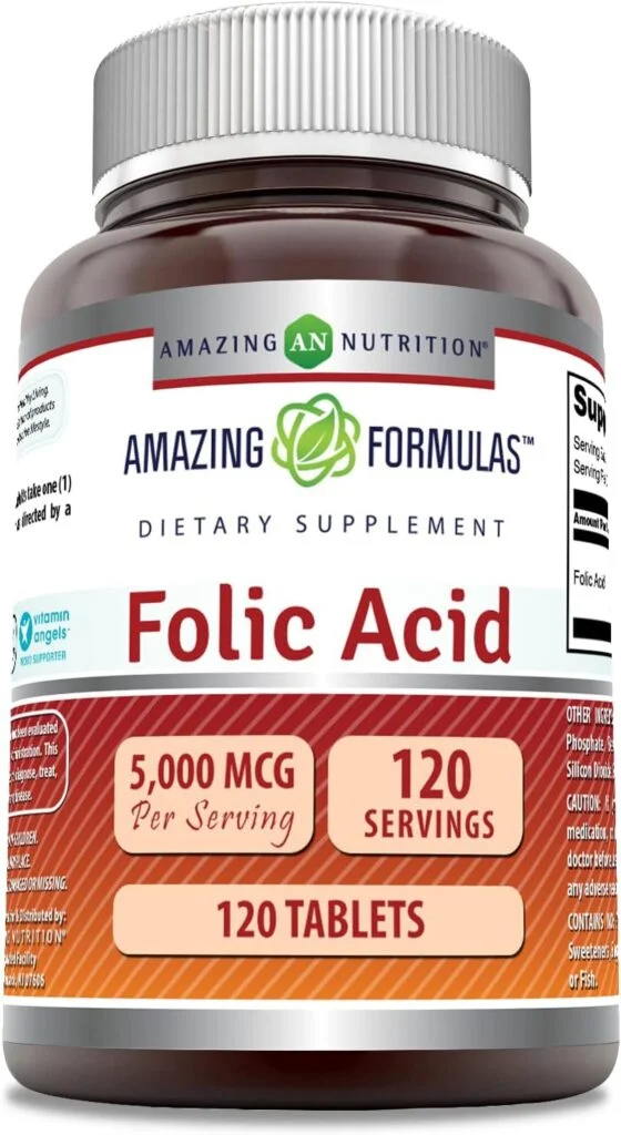 Amazing Formulas Folic Acid 1000 mcg (1 mg) Tablets Supplement | Vitamin B9 | Non-GMO | Gluten Free | Made in USA (5000 mcg, 120 Count)