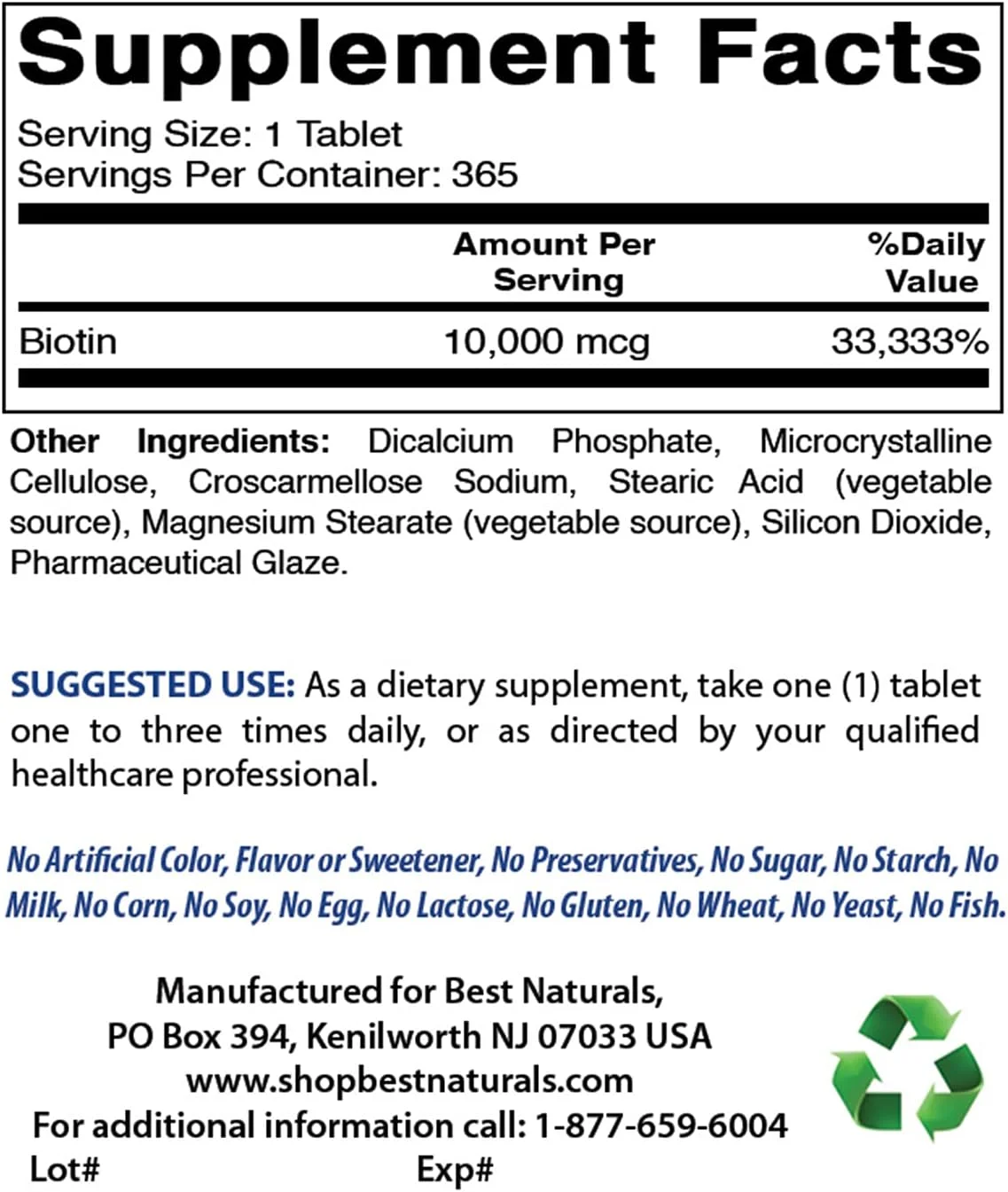 Best Naturals Biotin (Also Called Vitamin B7), 10,000 mcg 365 Tablets (365 Count (Pack of 1))