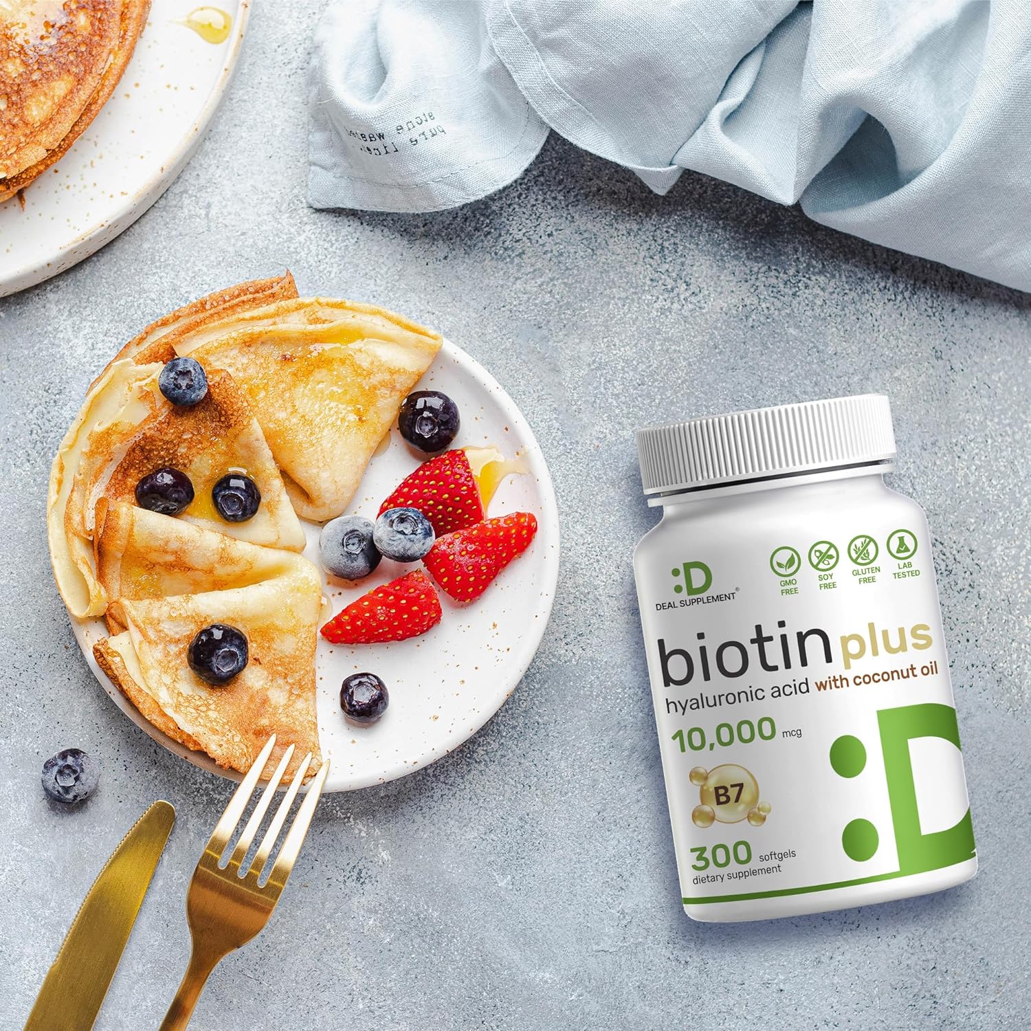 Biotin 10000mcg Plus Hyaluronic Acid 25mg with Coconut Oil, 300 Softgels, Bioavailable Biotin (Vitamin B7) Supplement, Promote Healthy Hair, Skin  Nails for Women and Men, Gluten Free, Non-GMO