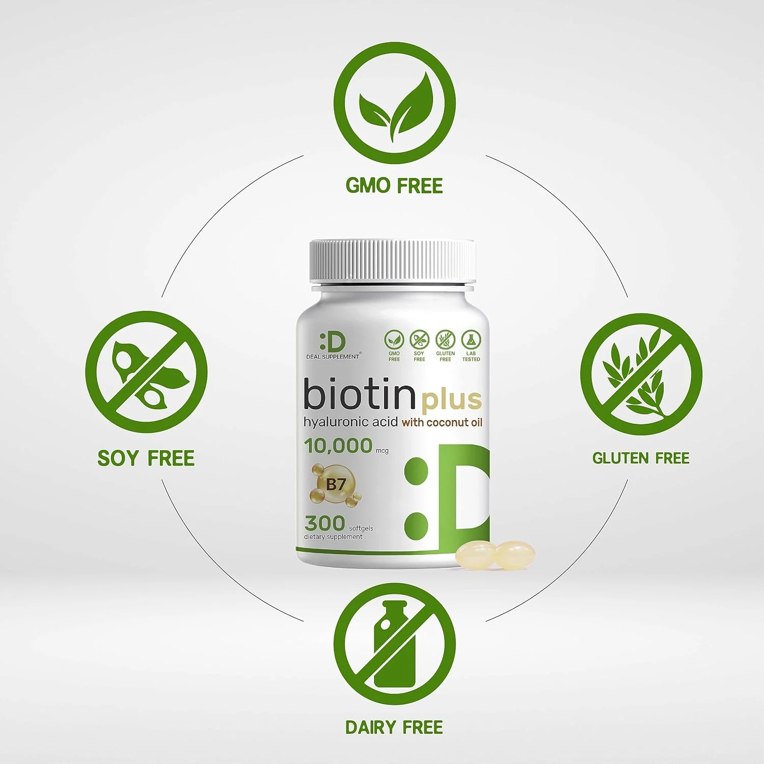 Biotin 10000mcg Plus Hyaluronic Acid 25mg with Coconut Oil, 300 Softgels, Bioavailable Biotin (Vitamin B7) Supplement, Promote Healthy Hair, Skin  Nails for Women and Men, Gluten Free, Non-GMO