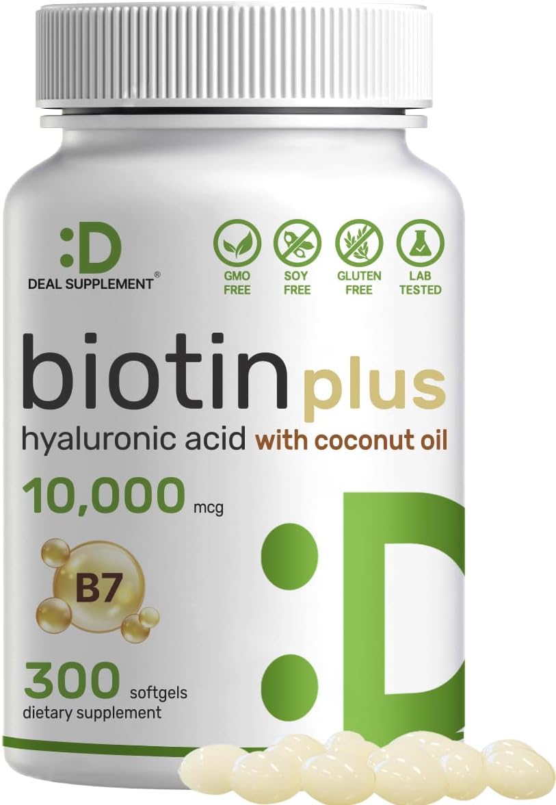 Biotin 10000mcg Plus Hyaluronic Acid 25mg with Coconut Oil, 300 Softgels, Bioavailable Biotin (Vitamin B7) Supplement, Promote Healthy Hair, Skin  Nails for Women and Men, Gluten Free, Non-GMO