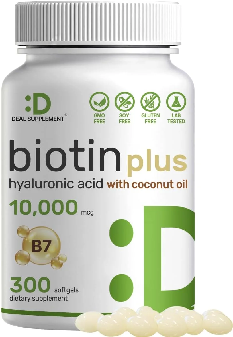 Biotin 10000mcg Plus Hyaluronic Acid 25mg with Coconut Oil, 300 Softgels, Bioavailable Biotin (Vitamin B7) Supplement, Promote Healthy Hair, Skin  Nails for Women and Men, Gluten Free, Non-GMO