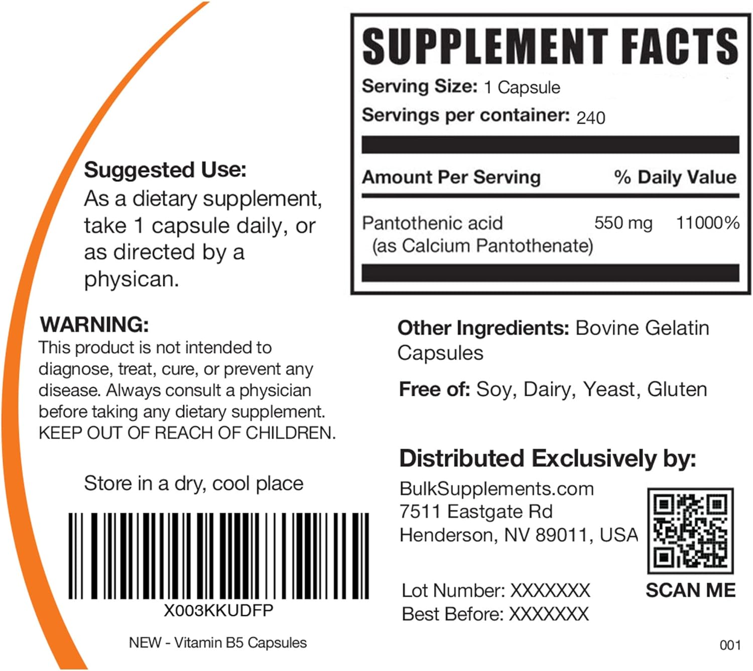 BULKSUPPLEMENTS.COM Vitamin B5 Capsules - Vitamin B Supplement - Pantothenic Acid 500mg - B5 Vitamins - Vitamin B5 Pantothenic Acid - 1 Capsule per Serving, 240-Day Supply (240 Capsules)