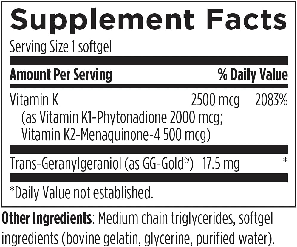 Designs for Health TRI-K - Three Forms of Vitamin K + GG, High Potency Supplement - 2000mcg Vitamin K1, 500mcg K2 MK-4 - Non-GMO + Gluten Free (60 Softgels)