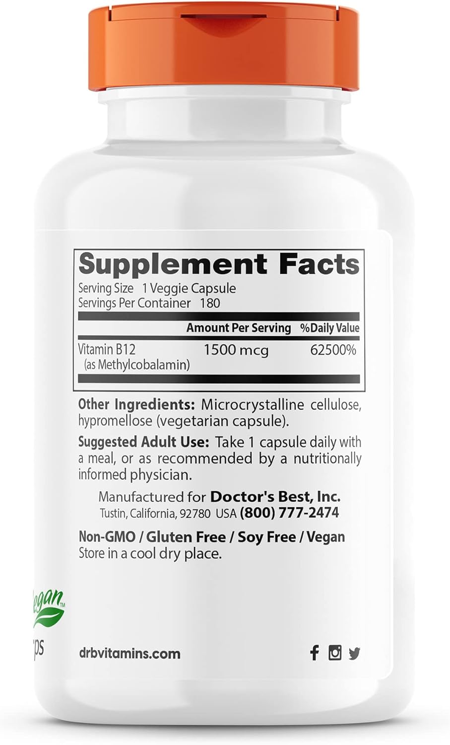 Doctors Best Fully Active B12 1500 Mcg, Supports Energy, Mood, Circulation, Non-GMO, Vegan, Gluten Free, 180 Count