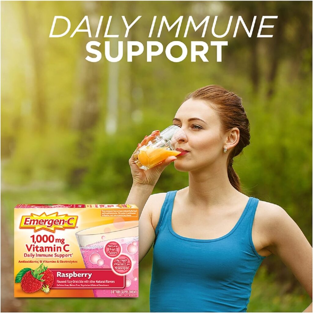 Emergen-C 1000mg Vitamin C Powder, with Antioxidants, B Vitamins and Electrolytes, Vitamin C Supplements for Immune Support, Caffeine Free Drink Mix, Raspberry Flavor - 60 Count/2 Month Supply