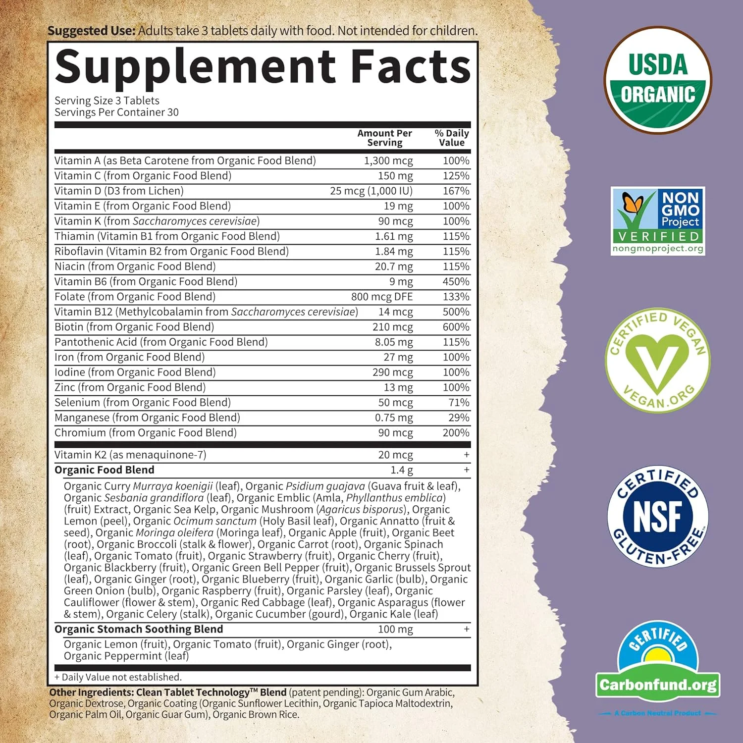 Garden of Life Prenatal Vitamins - mykind Organics Prenatal Multi - 90 Tablets, Vegan Whole Food Multivitamin, Folate not Folic Acid  Stomach Soothing Blend, Organic Prenatals Supplements for Women