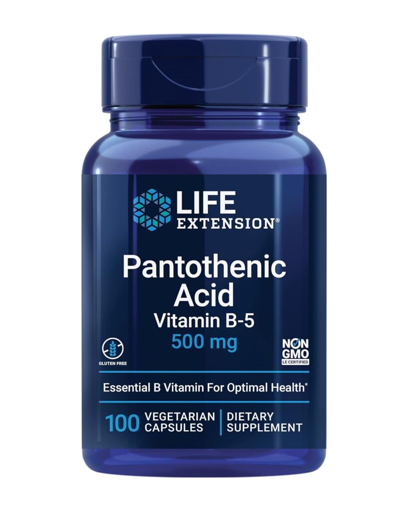 Life Extension Pantothenic Acid 500 mg – Pantothenic Acid with Calcium Supplement – Essential B Vitamin For Optimal Health - Once Daily - Gluten-Free, Non-GMO, Vegetarian – 100 Capsules