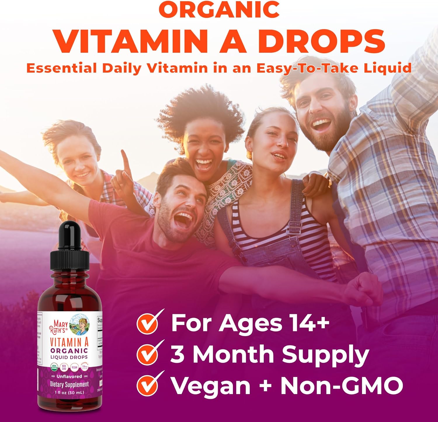 MaryRuth’s USDA Organic Vitamin A Liquid Drops | 3 Month Supply | Immune Support, Eye Health, Skin Health for Ages 14+ | 750mcg per Serving | Sugar Free | Vegan | Non-GMO | Gluten Free | 1oz