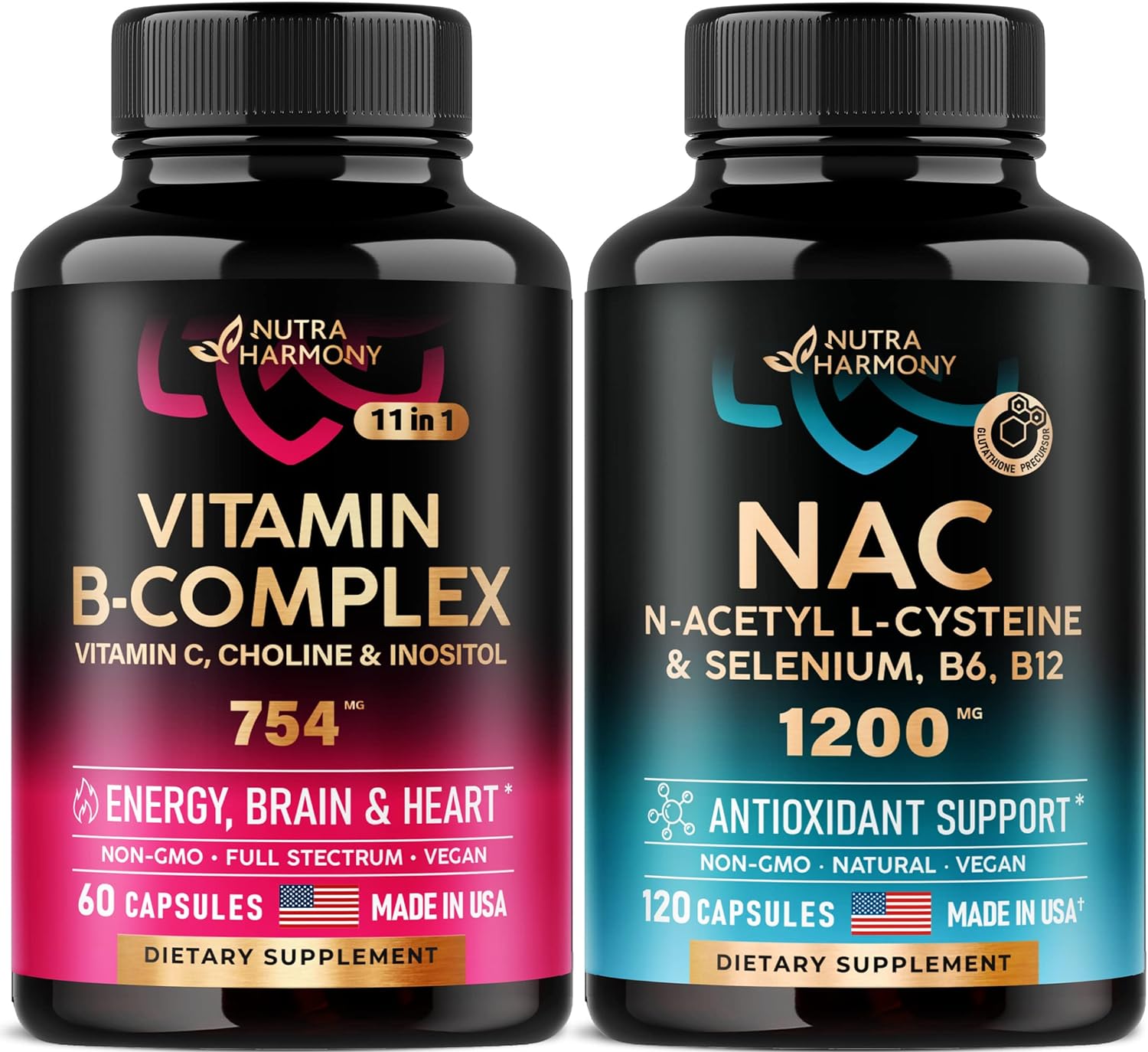 NAC  Vitamin B Complex Capsules - N-Acetyl L-Cysteine - Antioxidant, Immune  Thyroid Support - 11-in-1 B-Complex + Vitamin C, Choline, Inositol - Energy, Brain  Heart Support Supplements