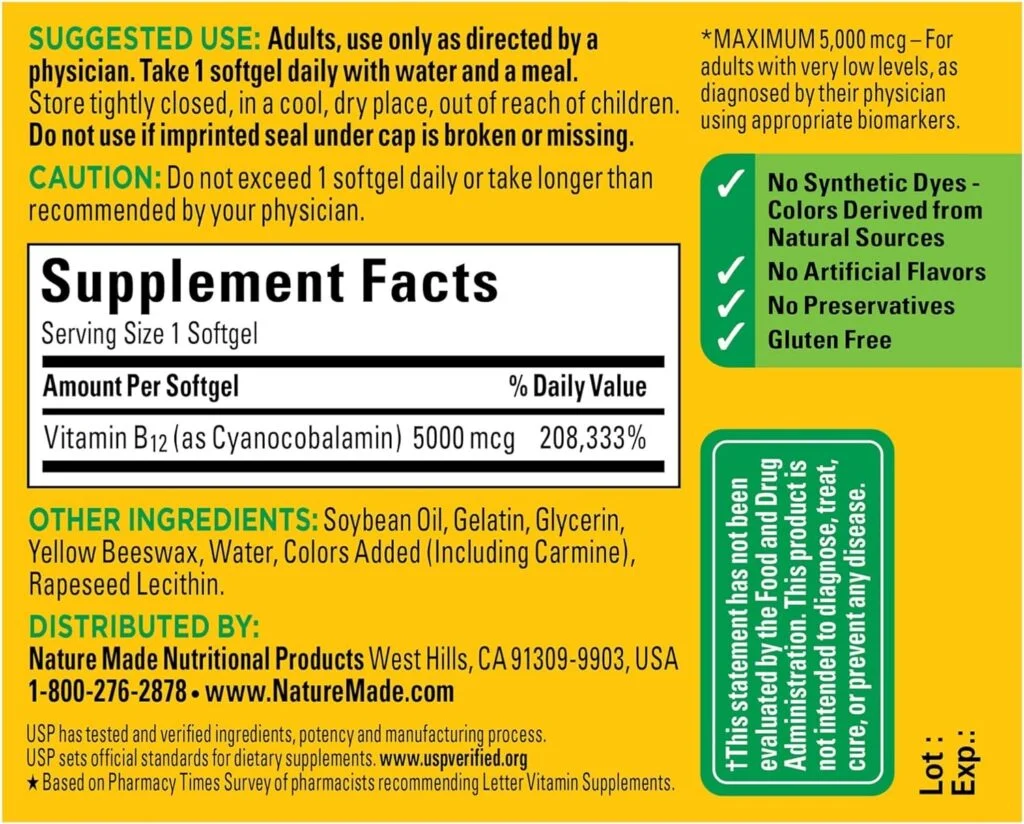 Nature Made Maximum Strength Vitamin B12 5000 mcg, Dietary Supplement for Energy Metabolism Support, 60 Softgels, 60 Day Supply