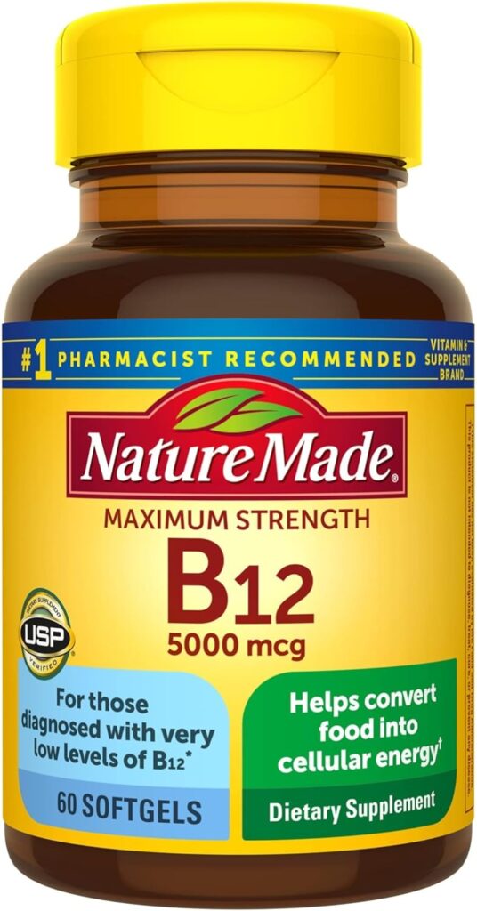Nature Made Maximum Strength Vitamin B12 5000 mcg, Dietary Supplement for Energy Metabolism Support, 60 Softgels, 60 Day Supply