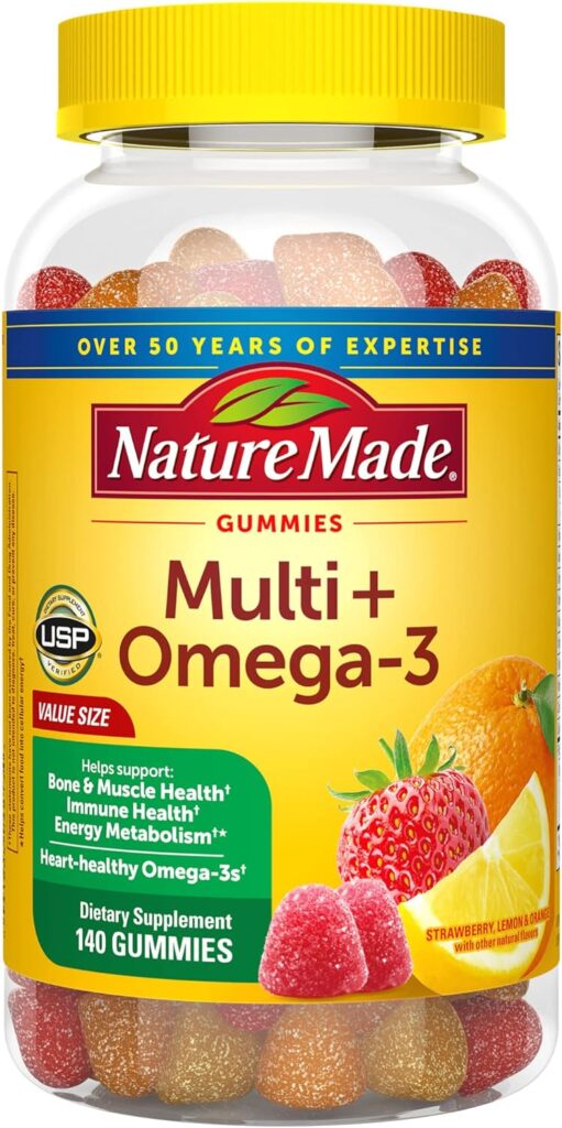 Nature Made Multivitamin + Omega-3, Dietary Supplement for Daily Nutritional Support, 140 Gummy Vitamins and Minerals, 70 Day Supply