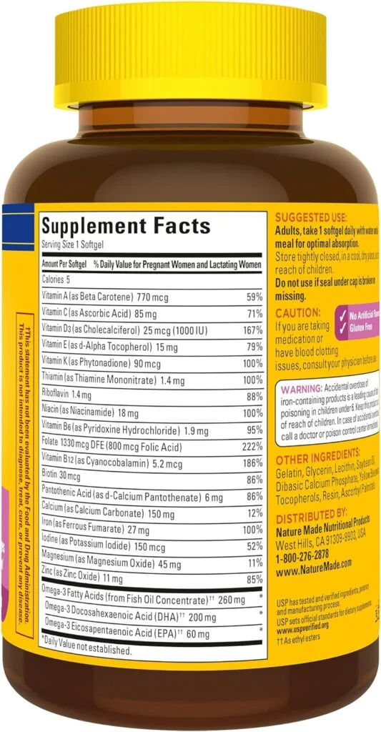 Nature Made Prenatal with Folic Acid + DHA, Prenatal Vitamin and Mineral Supplement for Daily Nutritional Support, 110 Softgels, 110 Day Supply