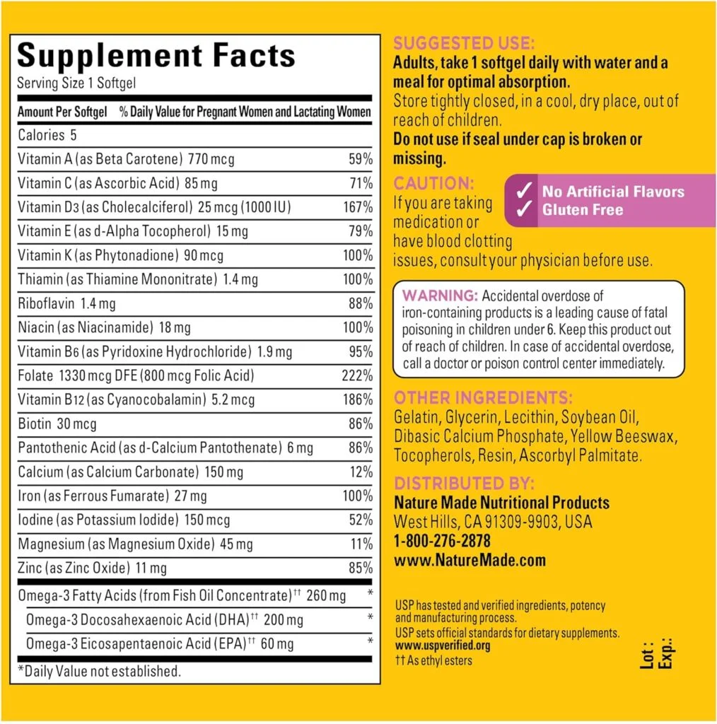 Nature Made Prenatal with Folic Acid + DHA, Prenatal Vitamin and Mineral Supplement for Daily Nutritional Support, 110 Softgels, 110 Day Supply
