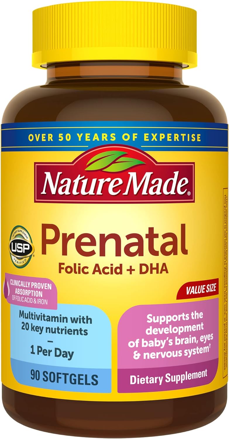 Nature Made Prenatal with Folic Acid + DHA, Prenatal Vitamin and Mineral Supplement for Daily Nutritional Support, 90 Softgels, 90 Day Supply