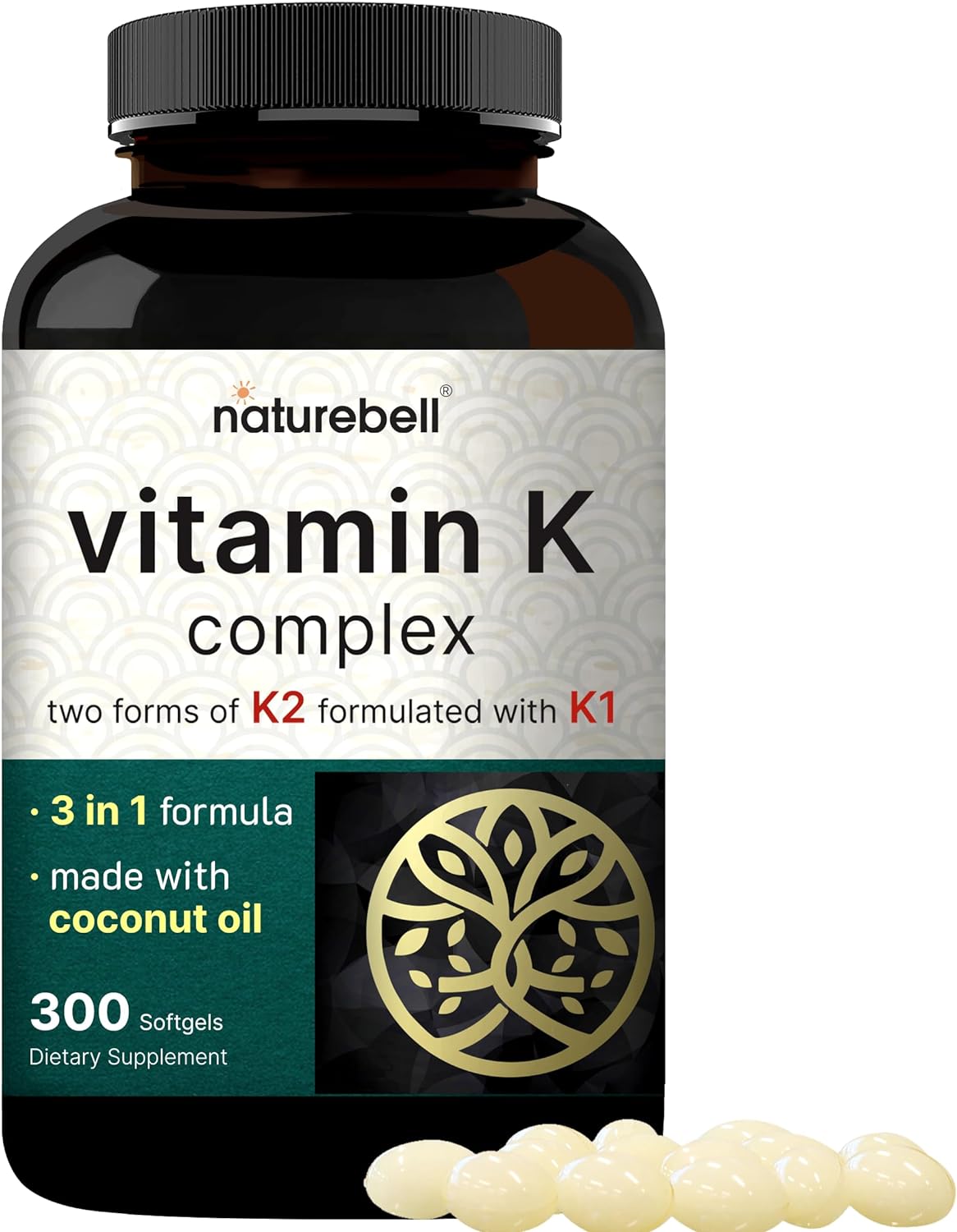 NatureBell Vitamin K Complex, K1 + K2 (MK-7  MK-4) 2,600mcg Per Serving, 300 Coconut Oil Softgels | Max Absorption – Full Spectrum K Vitamins Supplement | Heart  Bone Support | Non-GMO