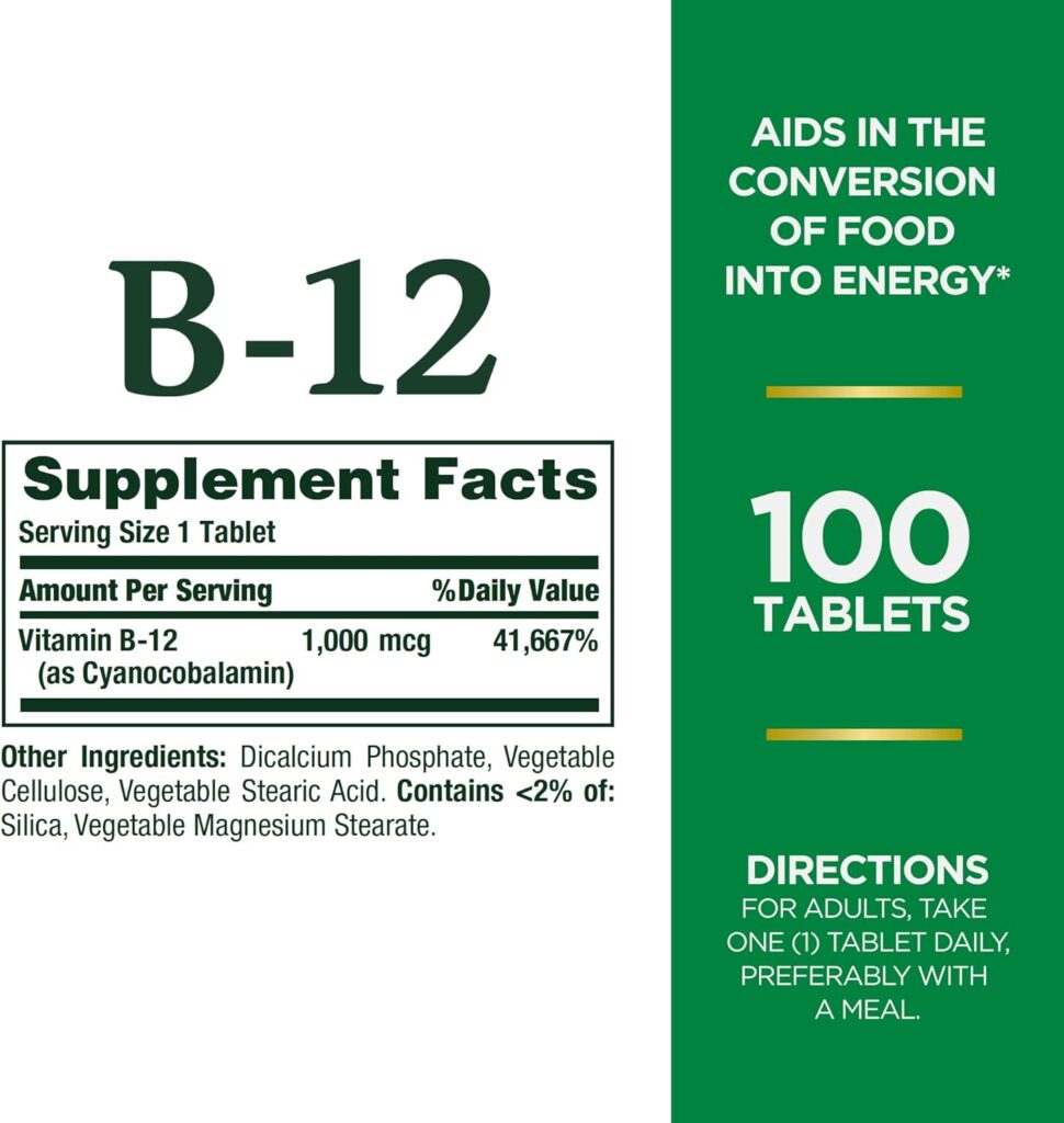 Natures Bounty Vitamin B12 1000mcg, Supports Energy Metabolism and Nervous System Health, Vitamin Supplement, 100 Tablets