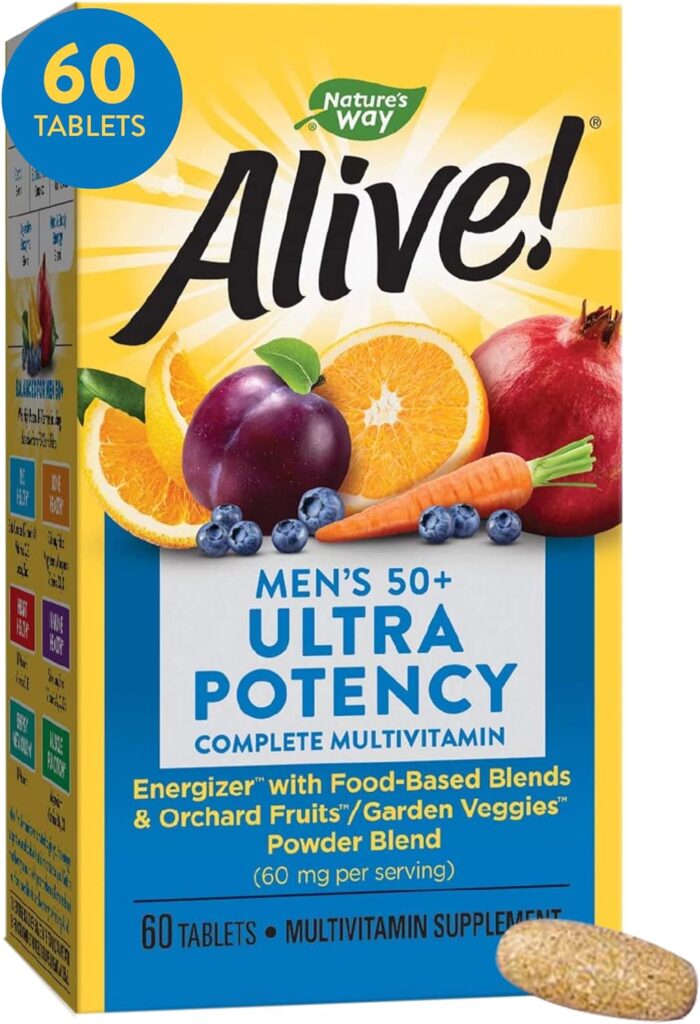 Natures Way Alive! Men’s 50+ Daily Ultra Potency Complete Multivitamin, High Potency Formula, Supports Multiple Body Systems*, Supports Cellular Energy*, Gluten-Free, 60 Tablets