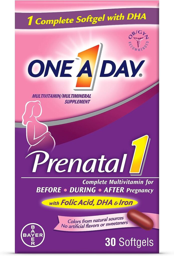 One A Day Womens Prenatal 1 Multivitamin including Vitamin A, Vitamin C, Vitamin D, B6, B12, Iron, Omega-3 DHA  more, 30 Count - Supplement for Before, During,  Post Pregnancy