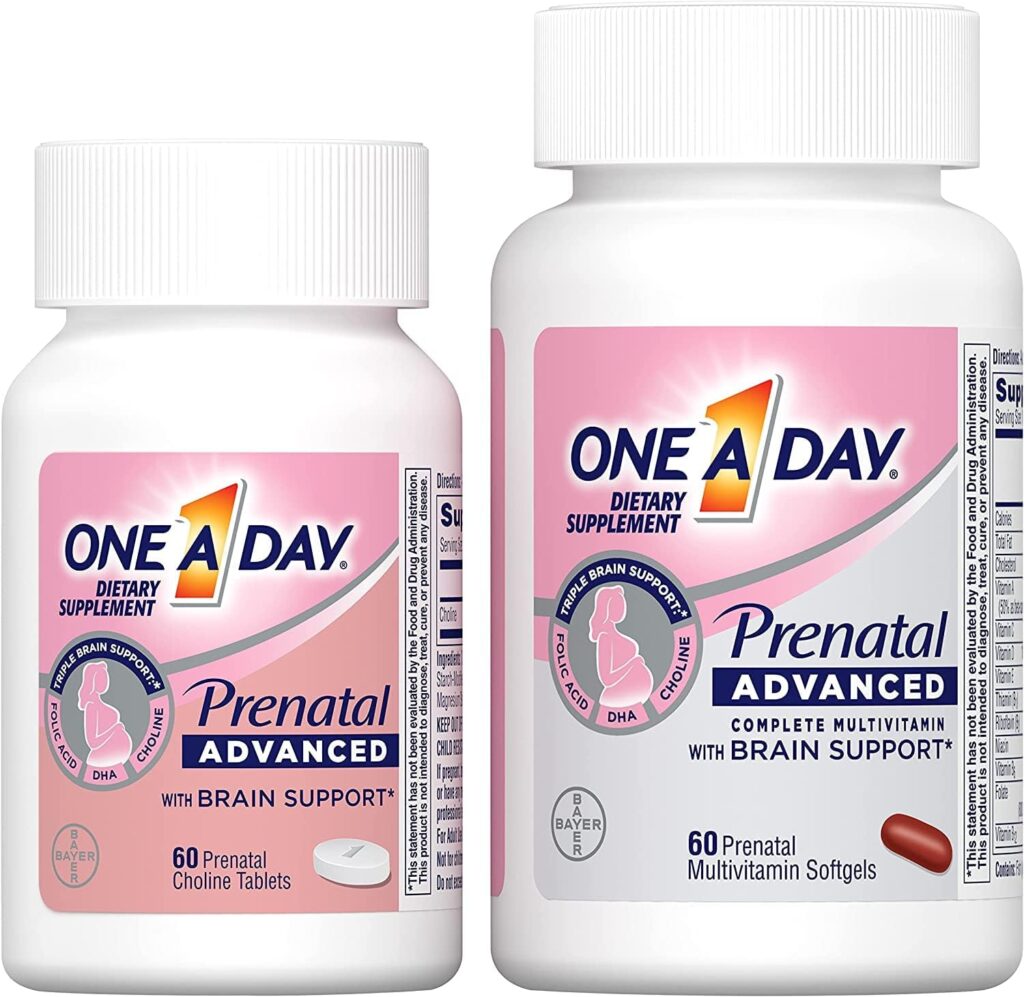 One A Day Women’s Prenatal Advanced Complete Multivitamin with Brain Support* with Choline, Folic Acid, Omega-3 DHA  Iron for Pre, During and Post Pregnancy, 60+60 Count (120 Count Total Set)