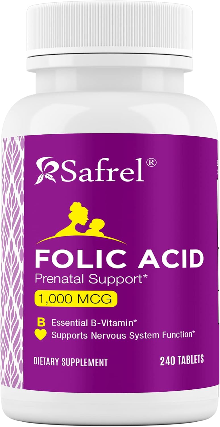 Safrel Folic Acid 1000 mcg (1 mg) - Vitamin B9-240 Tablets, Essential Prenatal and Postnatal Vitamin for Fetal Development, Red Blood Cell Production, Cell and Neural Development | Non-GMO, Vegan