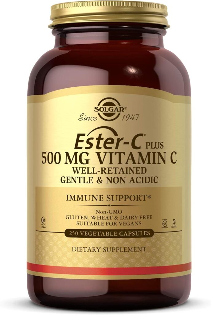 Solgar Ester-C Plus 500 mg Vitamin C (Ascorbate Complex), 250 Vegetable Capsules - Gentle  Non Acidic - Antioxidant  Immune Support - Non GMO, Vegan, Gluten Free, Kosher - 250 Servings