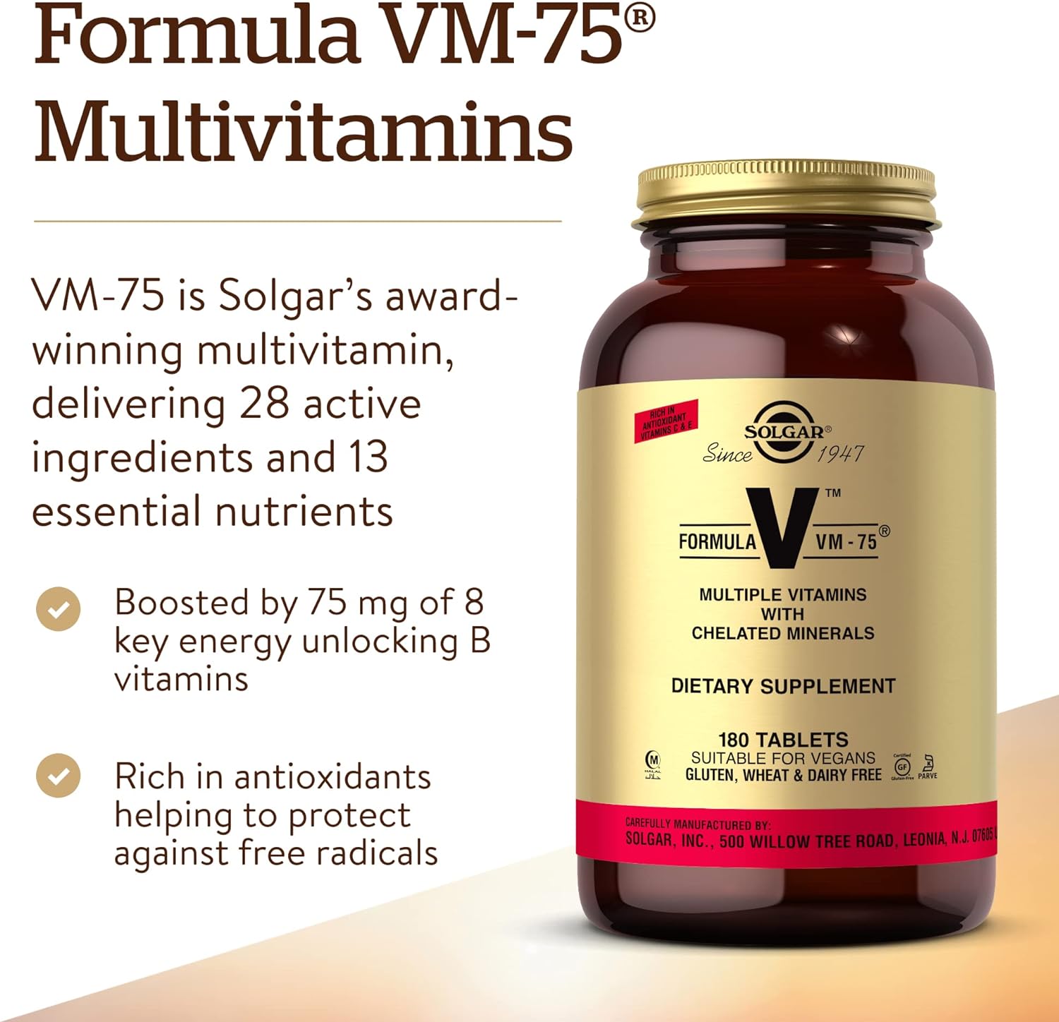 Solgar Formula VM-75, 180 Tablets - Multivitamin with Chelated Minerals - Vitamin A, B6, B12, C, D, E - Biotin, Magnesium, Calcium, Iron, Zinc - Vegan, Gluten Free, Dairy Free, Kosher - 180 Servings