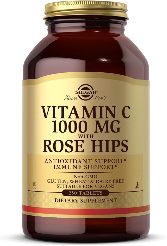 Solgar Vitamin C 1000 mg with Rose Hips, 250 Tablets - Antioxidant  Immune Support - Overall Health - Supports Healthy Skin  Joints - Non GMO, Vegan, Gluten Free, Dairy Free, Kosher - 250 Servings