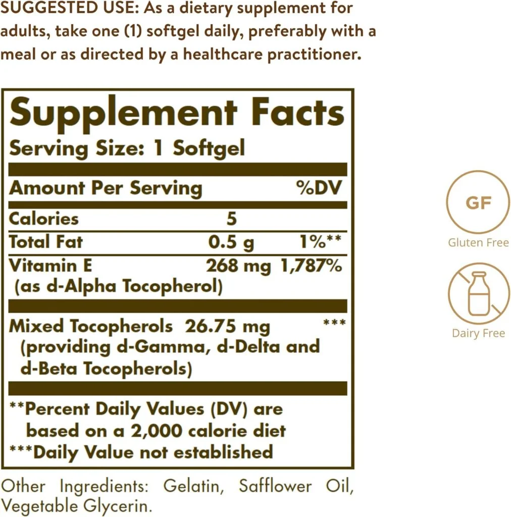 Solgar Vitamin E 268 MG (400 IU) Mixed (d-Alpha Tocopherol  Mixed Tocopherols - Supports Immune System  Skin Nutrition - Natural Antioxidant - Gluten  Dairy Free - 100 Count (Pack of 1)