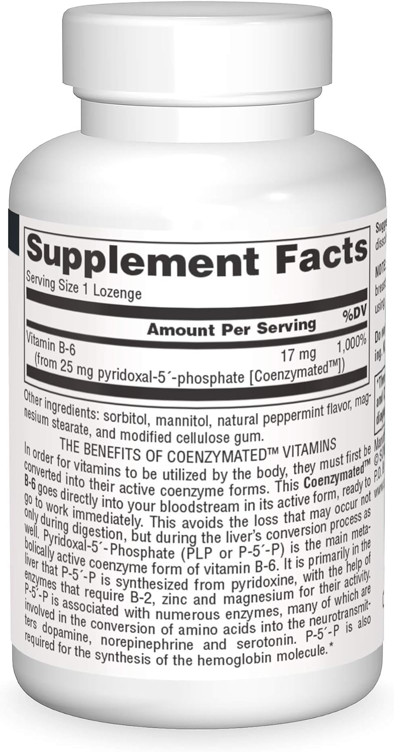 Source Naturals Coenzymated B-6 25mg P-5 Pyridoxal-5 Phosphate Fast-Acting, Quick Dissolve Vitamin Supports Amino Acid Metabolism - 60 Lozenges