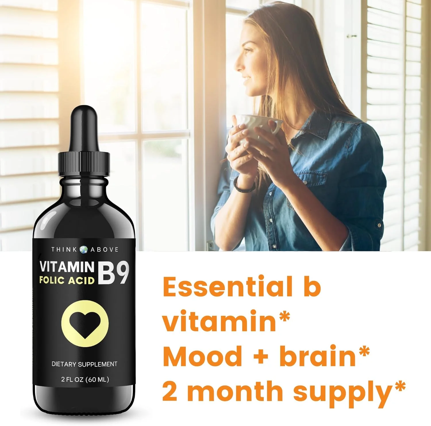 Think Above Folic Acid 295 mcg B9 Vitamin Liquid Supplement (Folate 500 mcg DFE) Easy to Swallow - Fast Absorption 2 fl oz (60 ml)