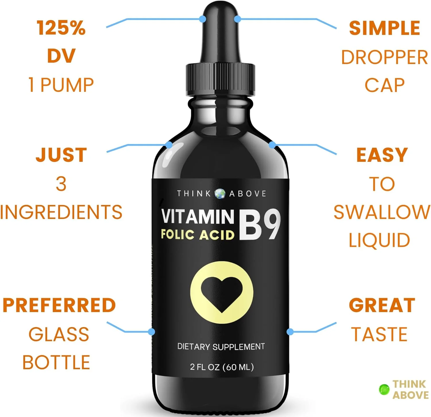 Think Above Folic Acid 295 mcg B9 Vitamin Liquid Supplement (Folate 500 mcg DFE) Easy to Swallow - Fast Absorption 2 fl oz (60 ml)