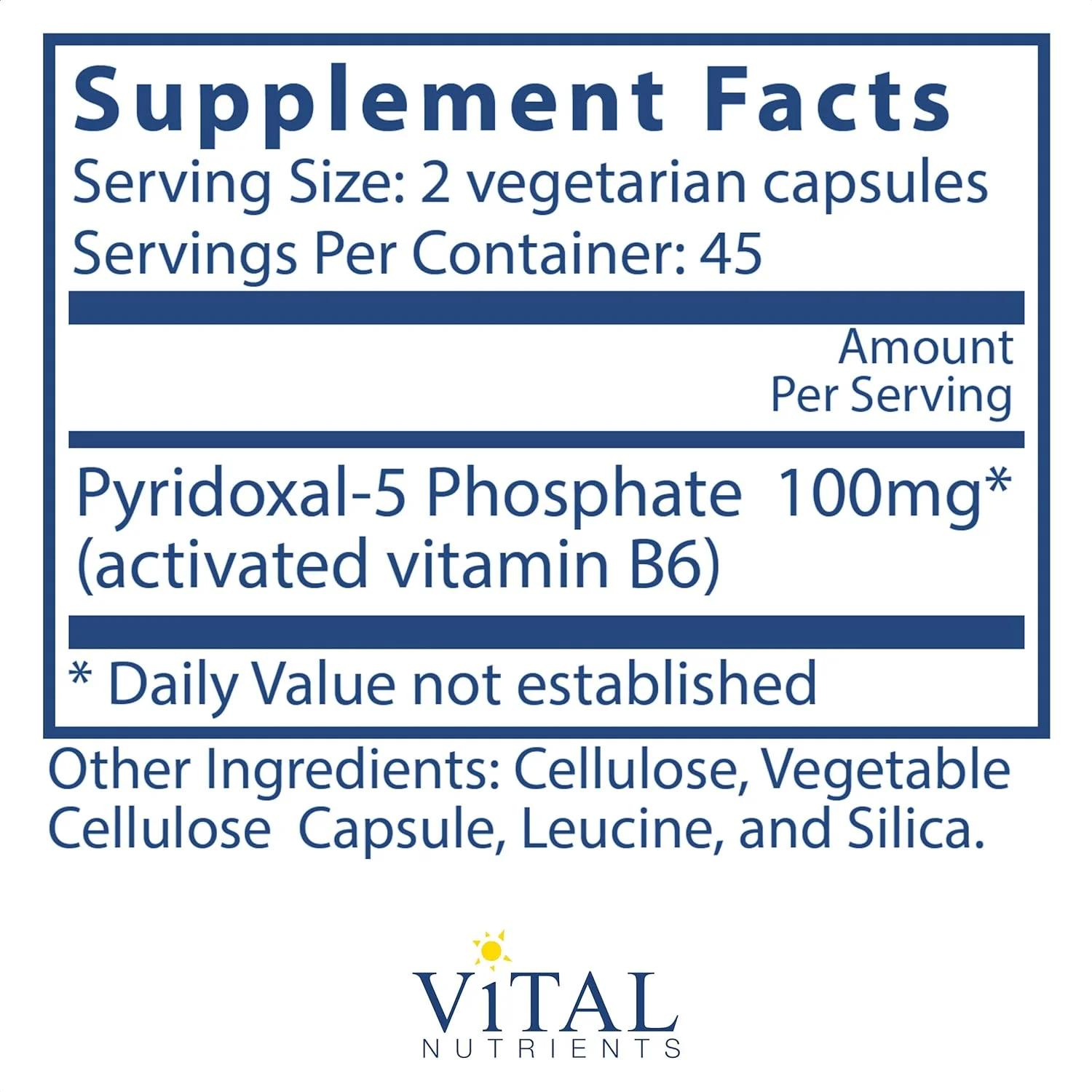 Vital Nutrients - Pyridoxal-5 Phosphate - Activated Vitamin B6-90 Vegetarian Capsules per Bottle - 50 mg