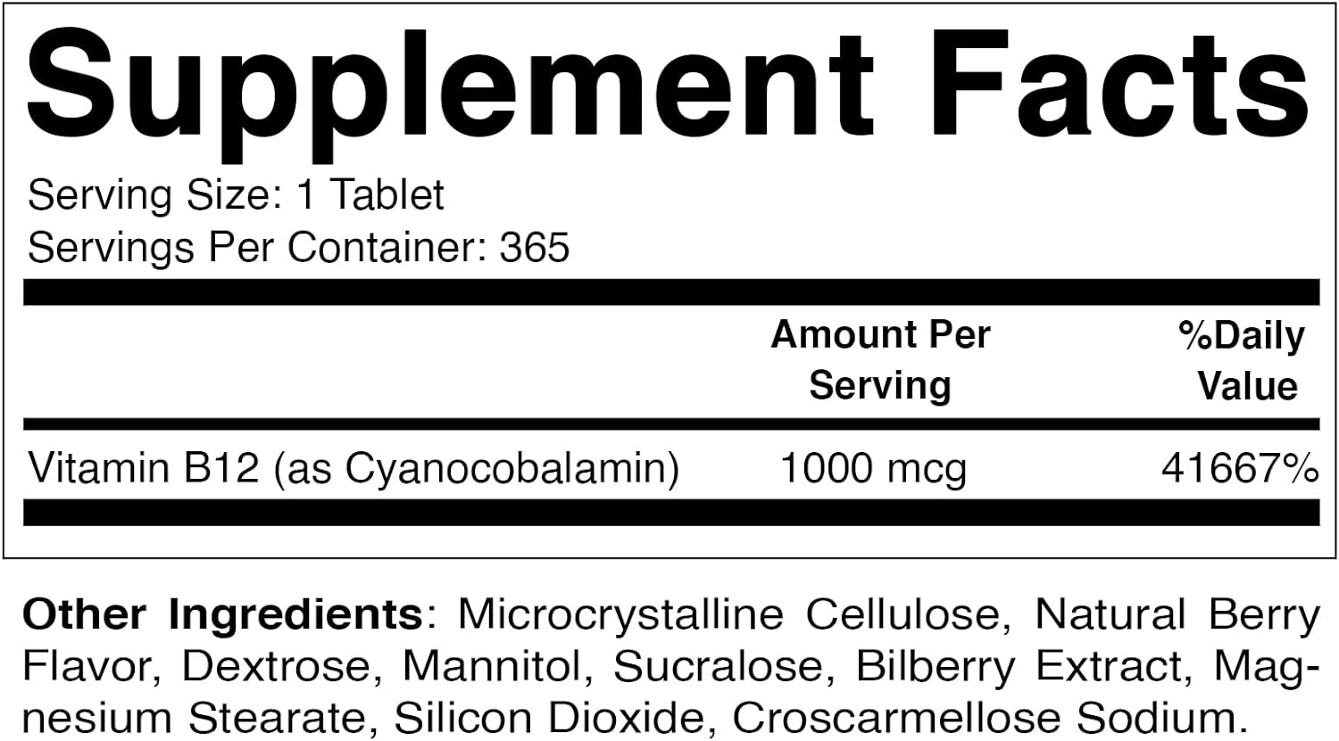 Vitamatic Vitamin B12 1000 mcg Fast Dissolve 365 Tablets - Berry Flavor - Supports Energy Metabolism (1 Bottle)