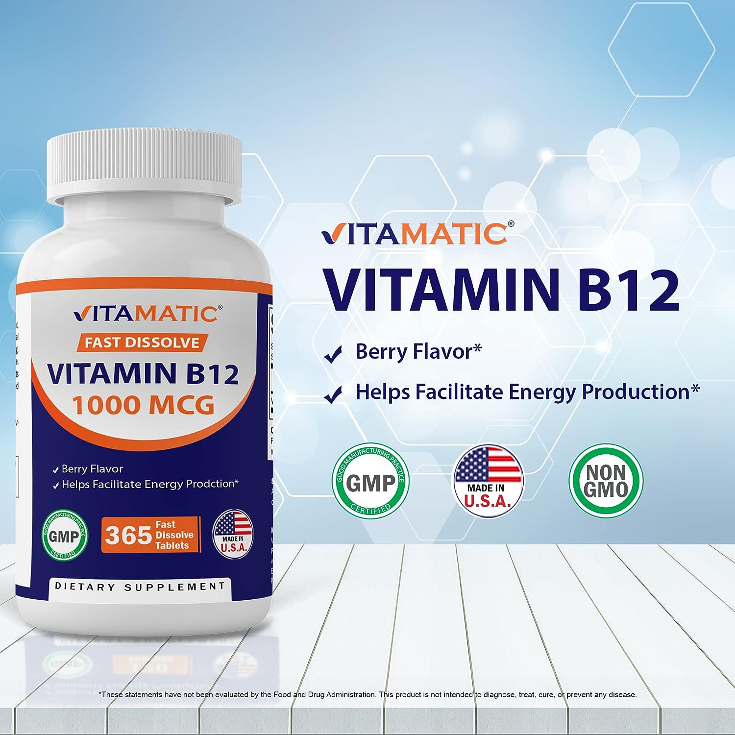 Vitamatic Vitamin B12 1000 mcg Fast Dissolve 365 Tablets - Berry Flavor - Supports Energy Metabolism (1 Bottle)