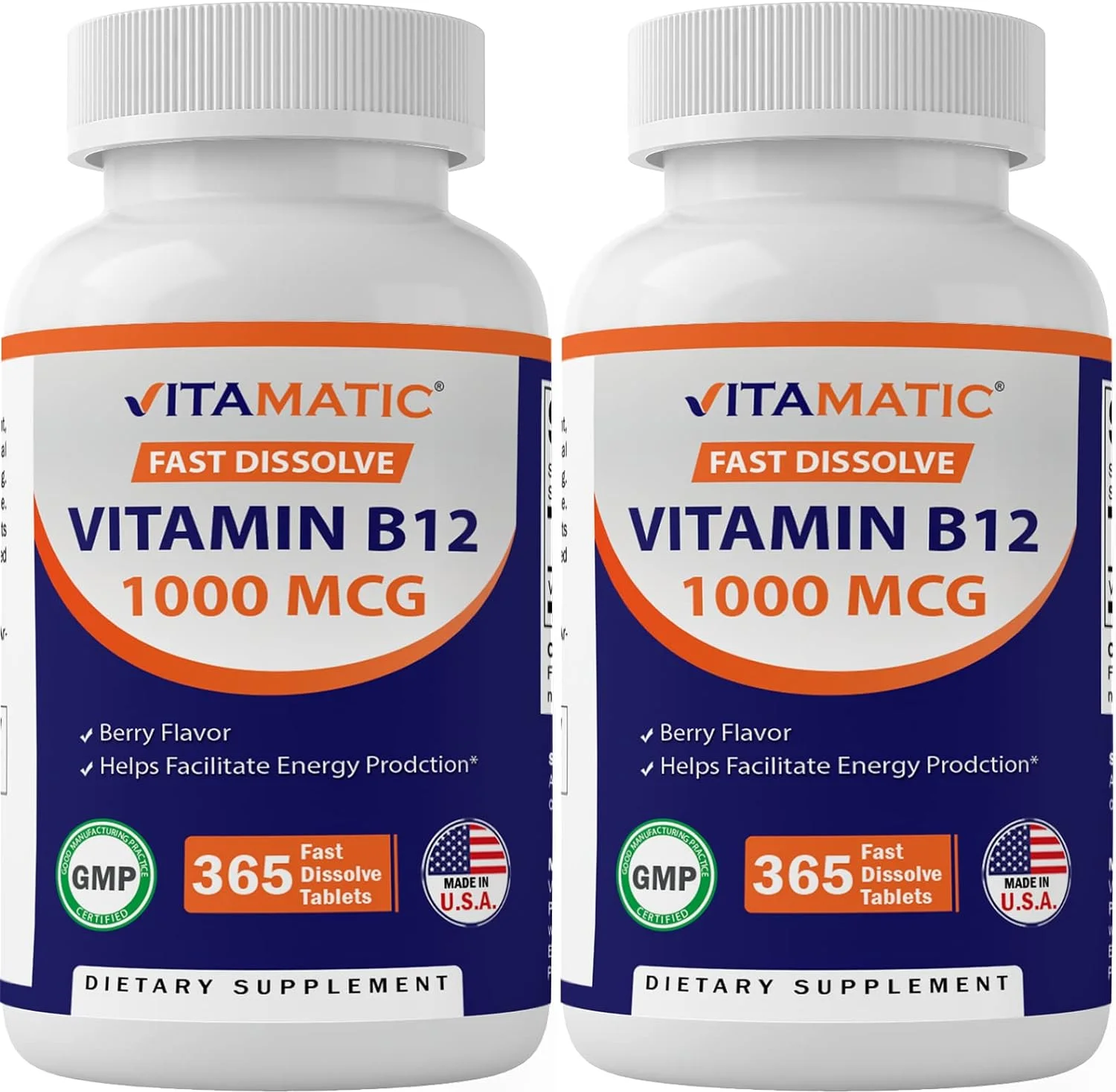 Vitamatic Vitamin B12 1000 mcg Fast Dissolve 365 Tablets - Berry Flavor - Supports Energy Metabolism (1 Bottle)