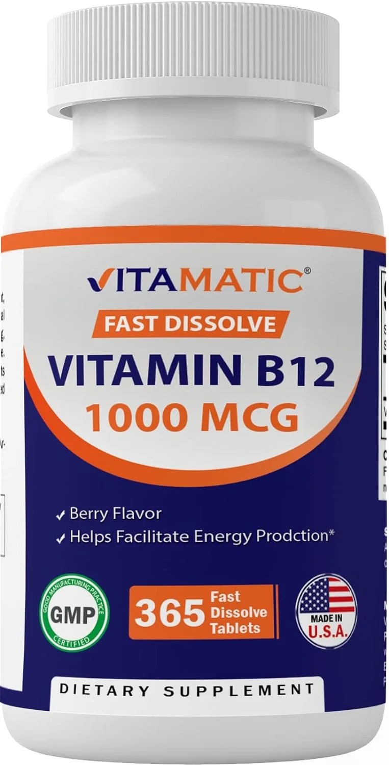 Vitamatic Vitamin B12 1000 mcg Fast Dissolve 365 Tablets - Berry Flavor - Supports Energy Metabolism (1 Bottle)