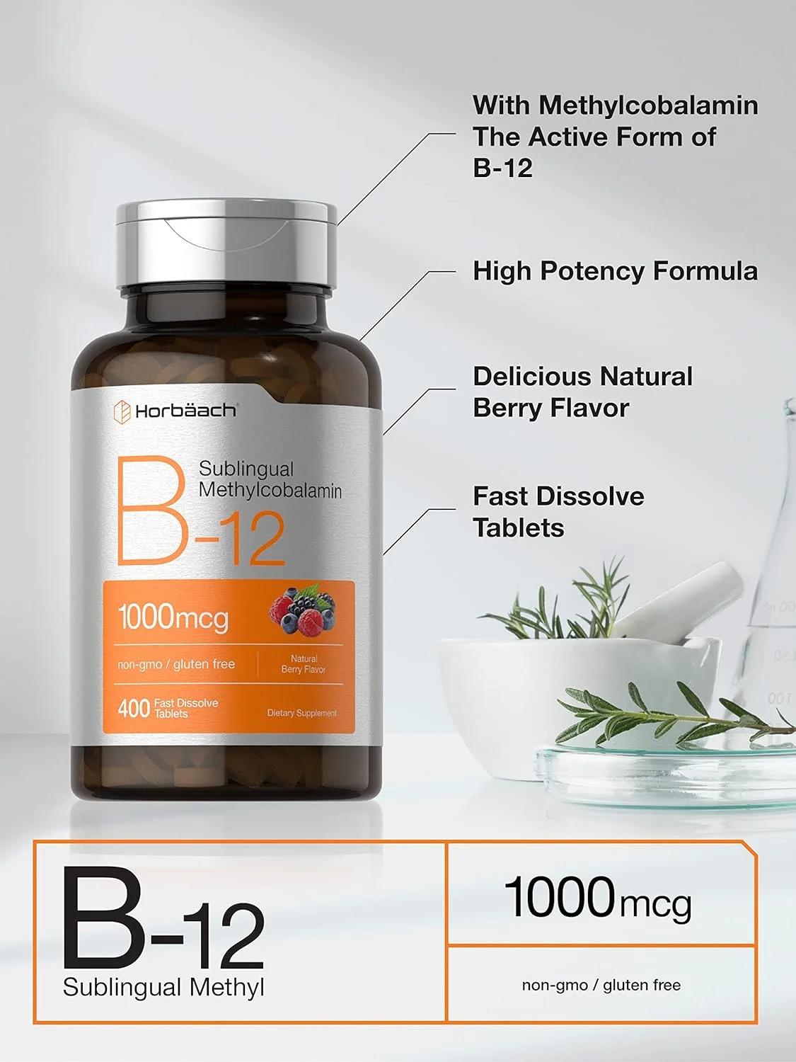 Vitamin B12 Sublingual 1000 mcg | 400 Fast Dissolve Tablets | Methylcobalamin Supplement for Adults | Natural Berry Flavor | Vegan, Vegetarian, Non-GMO, and Gluten Free | by Horbaach