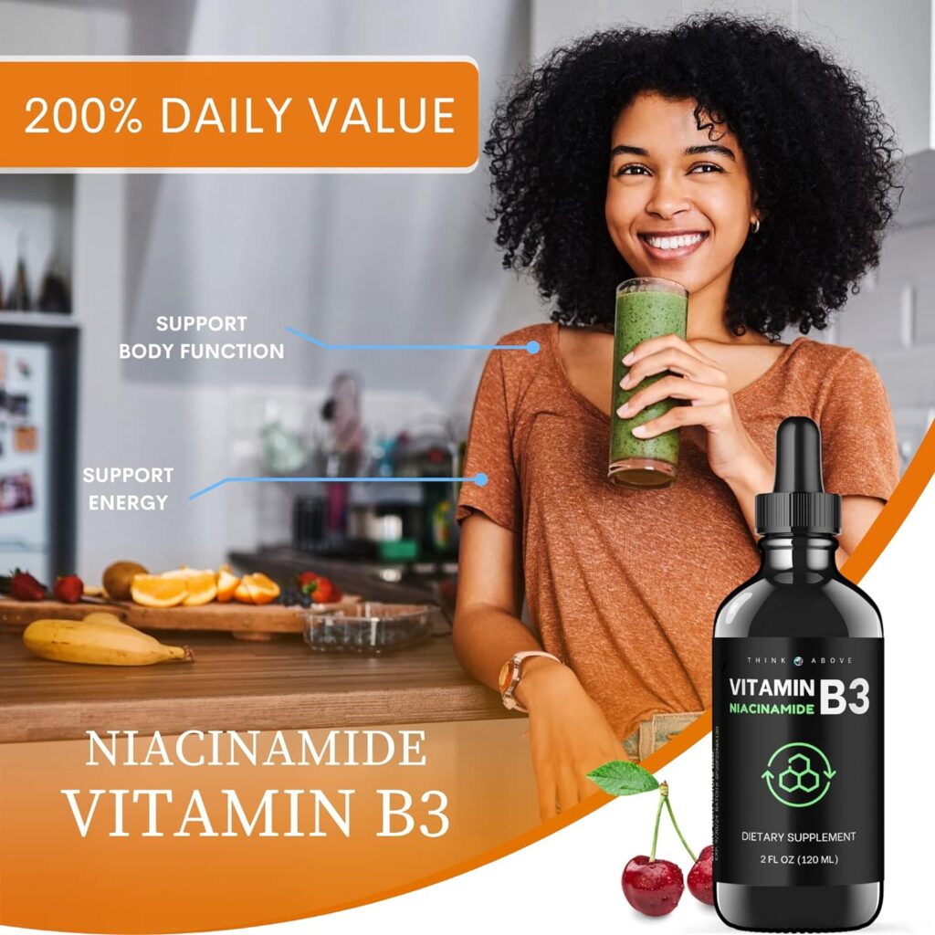 Vitamin B3 Niacinamide Liquid - Non Flush Form of B3 Niacin - Convenient Vitamin B3 Niacin Drops for Women and Men - Easy to Swallow Alternative for Niacinamide Pills or Capsules 2oz (60ml)