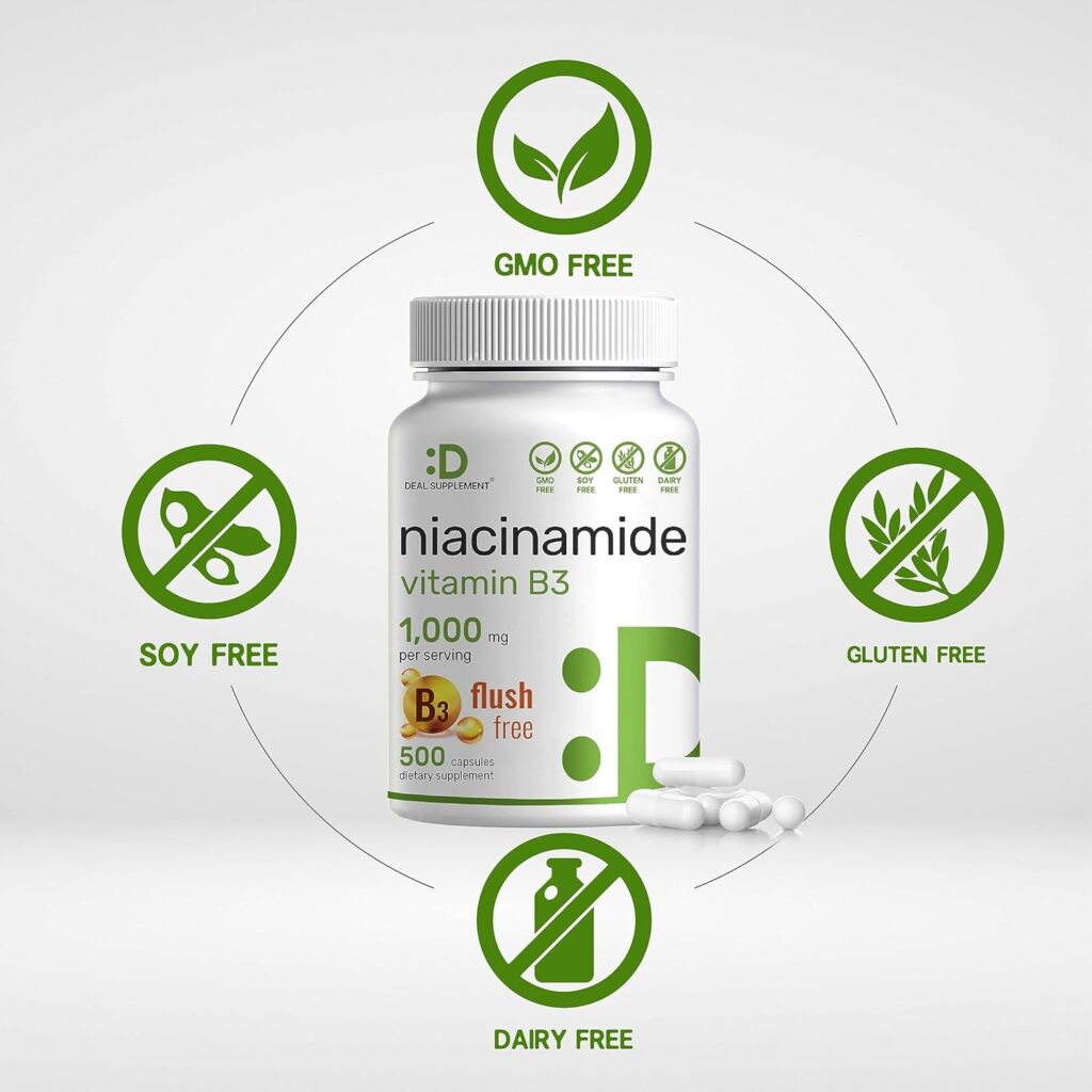 Vitamin B3 Nicotinamide 1,000mg Per Serving – 500 Capsules, Flush Free Niacin, Essential B3 Vitamin Supplement – Supports Healthy Skin  Energy Production – Non-GMO