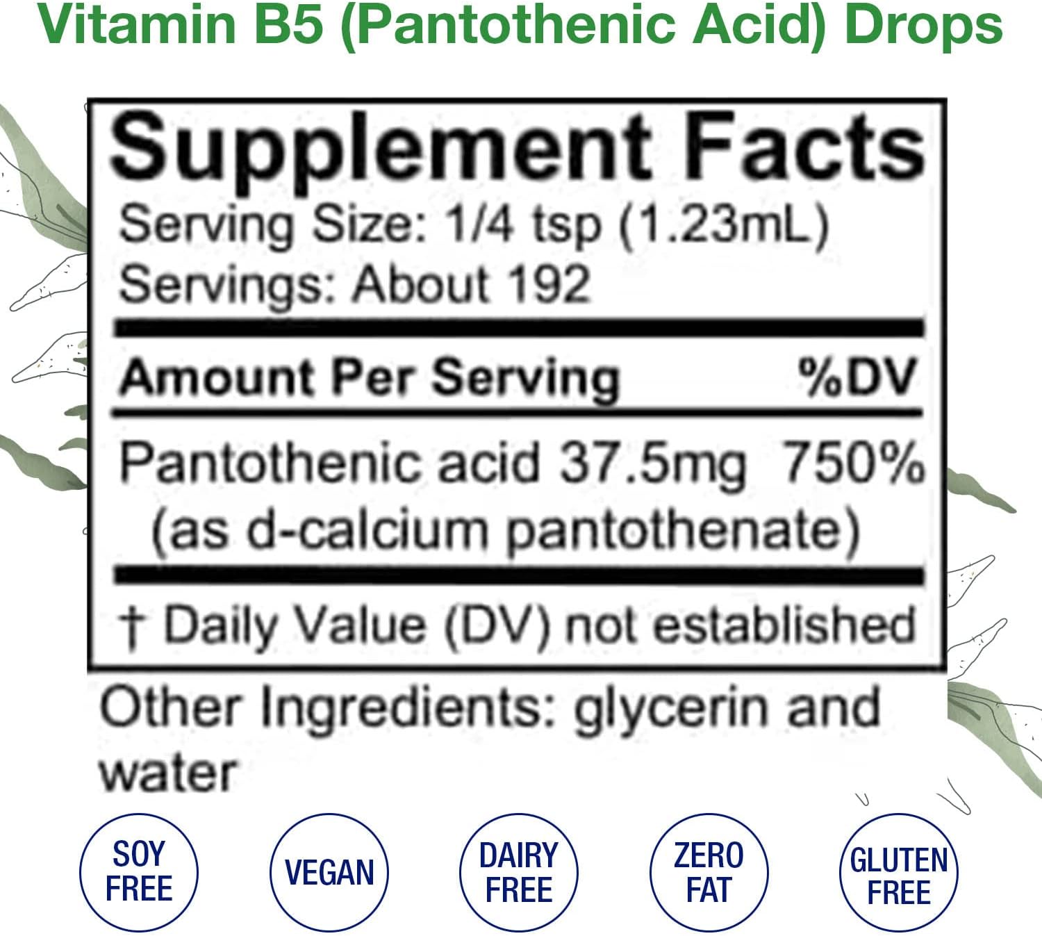 Vitamin B5 (Pantothenic Acid) Drops – Liquid Vitamin B5 to Maintain Healthy Hormones, Immune System Support  Healthy Hair, Skin, Nails – Vegan, Alcohol-Free Vitamin B Extract, 1 Fl Oz.