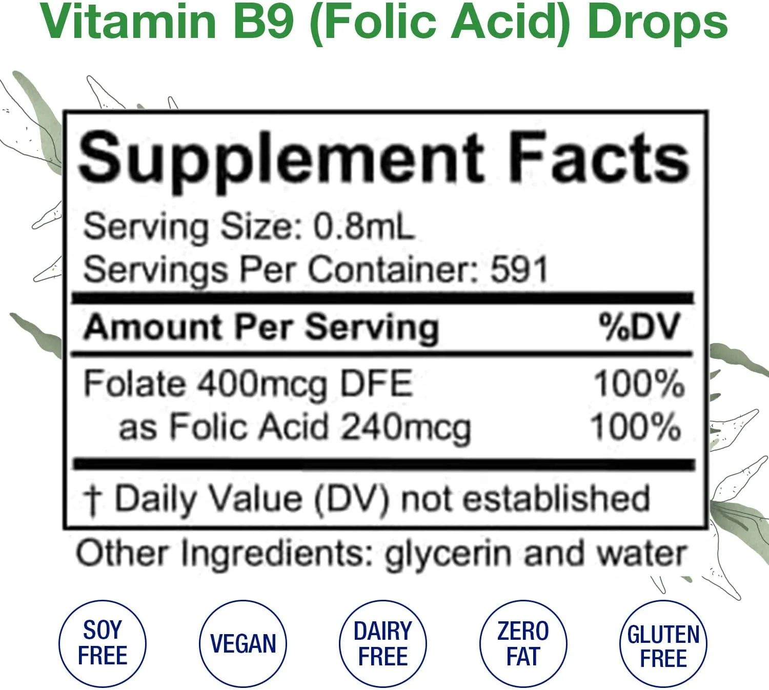 Vitamin B9 (Folic Acid) Drops – Vitamin B Liquid Folate Drops to Support Blood Cells, Brain Function  Liver – Liquid Vitamins for Pregnancy – Alcohol-Free, Gluten Free Folic Acid Supplement, 1 Fl Oz.