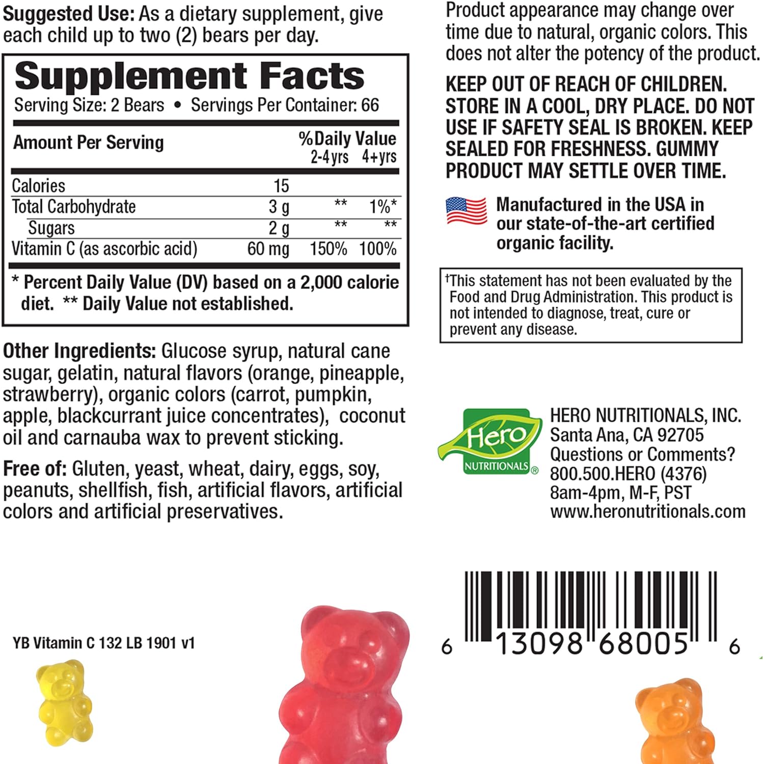 Yummi Bears Vitamin C Chewable Gummy Vitamin Supplement for Kids, 132 Count (Pack of 1)