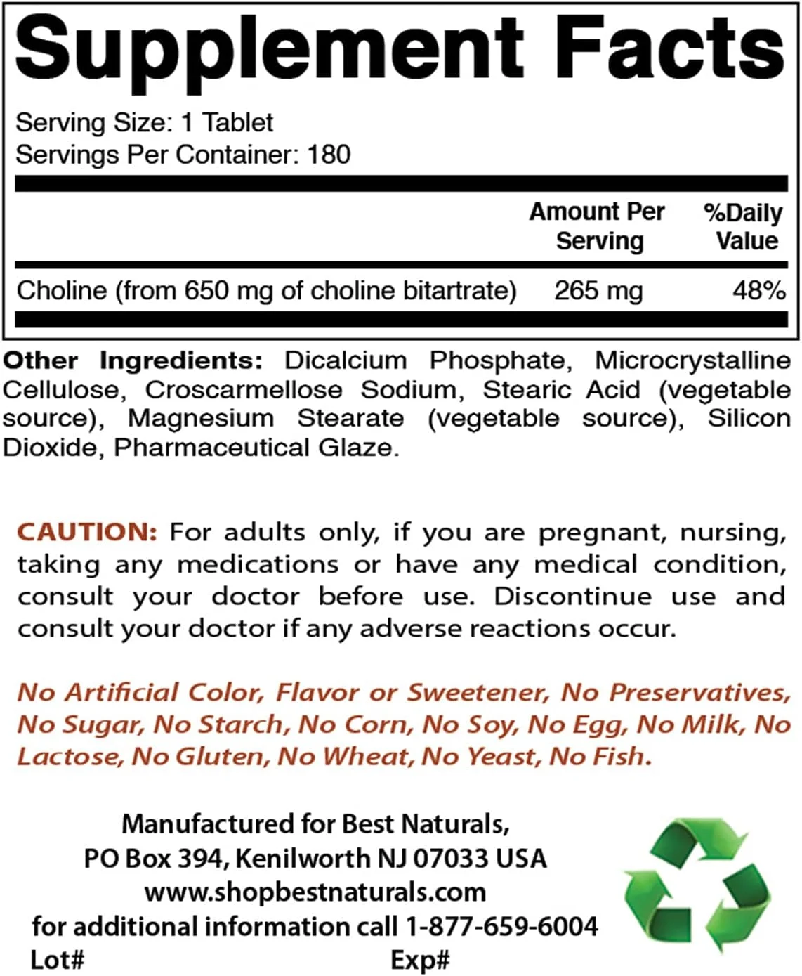 Best Naturals Choline Bitartrate 650 mg  Vitamin B1 as Thiamine Mononitrate 100 mg