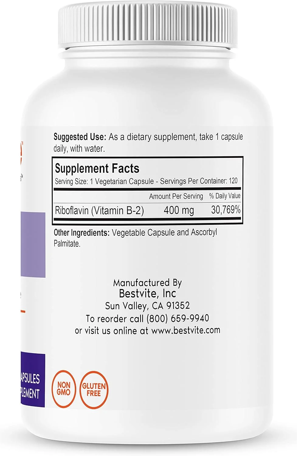 BESTVITE Vitamin B-2 (Riboflavin) 400mg (120 Vegetarian Capsules) - No Stearates - Vegan - Non GMO - Gluten Free