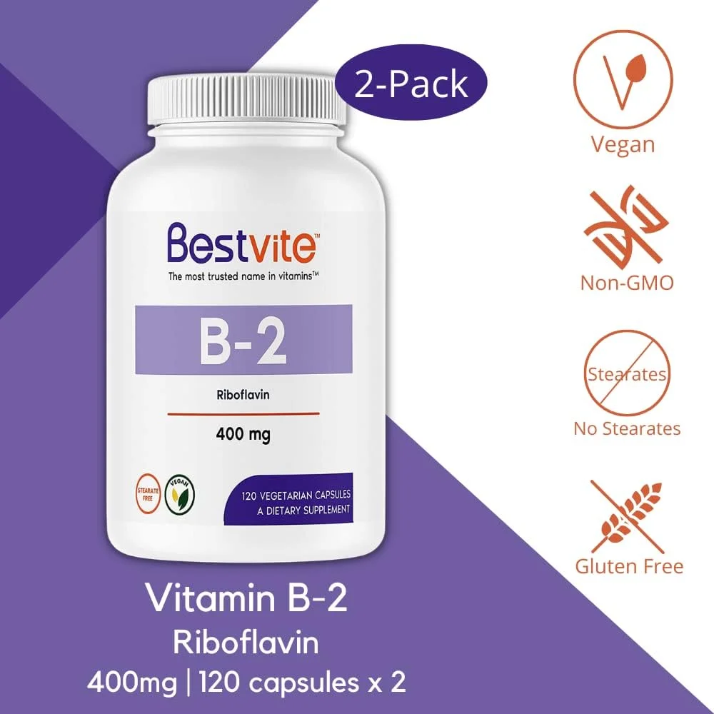 BESTVITE Vitamin B-2 (Riboflavin) 400mg (120 Vegetarian Capsules) - No Stearates - Vegan - Non GMO - Gluten Free