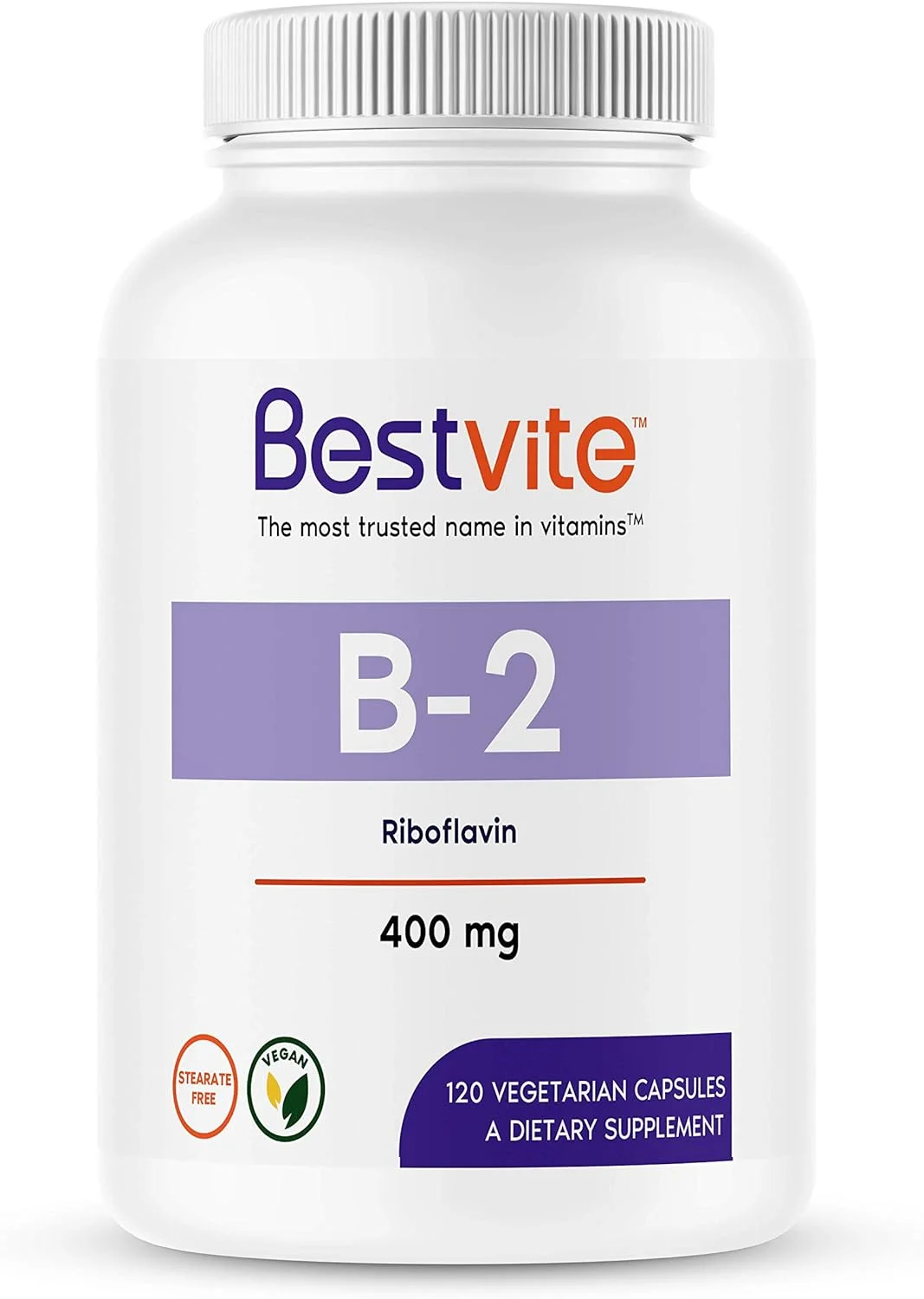BESTVITE Vitamin B-2 (Riboflavin) 400mg (120 Vegetarian Capsules) - No Stearates - Vegan - Non GMO - Gluten Free