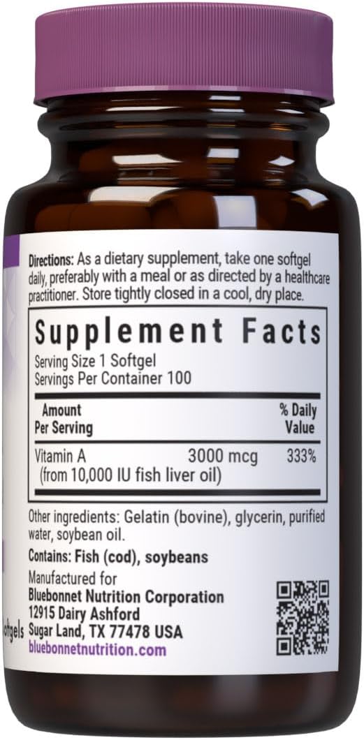 Bluebonnet Nutrition Vitamin A 10,000 IU from Deep Sea, Cold Water, Fish Oil - For Eye Health  Immune Function* - Gluten Free - Dairy Free - Molecularly Distilled - 100 Softgels - 100 Servings